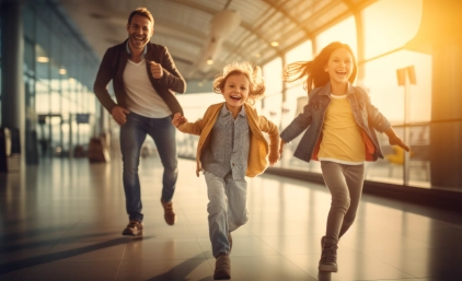 lotnisko, dzieci, tata, wylot