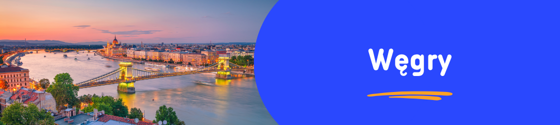 Panorama Budapesztu o zmierzchu, z widokiem na oświetlony Most Łańcuchowy i gmach Parlamentu Węgierskiego nad Dunajem. Zdjęcie promujące kierunek podróży Węgry w ofercie Rego-Bis